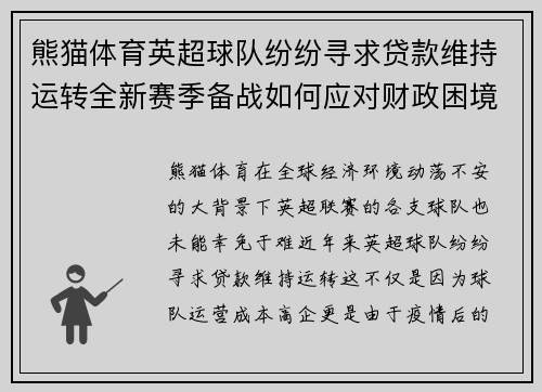 熊猫体育英超球队纷纷寻求贷款维持运转全新赛季备战如何应对财政困境？ - 副本