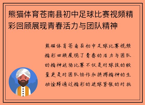 熊猫体育苍南县初中足球比赛视频精彩回顾展现青春活力与团队精神