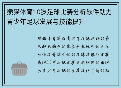 熊猫体育10岁足球比赛分析软件助力青少年足球发展与技能提升