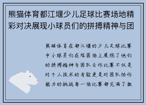 熊猫体育都江堰少儿足球比赛场地精彩对决展现小球员们的拼搏精神与团队合作