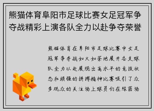 熊猫体育阜阳市足球比赛女足冠军争夺战精彩上演各队全力以赴争夺荣誉
