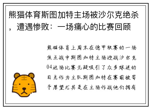 熊猫体育斯图加特主场被沙尔克绝杀，遭遇惨败：一场痛心的比赛回顾