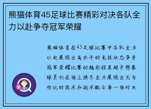 熊猫体育45足球比赛精彩对决各队全力以赴争夺冠军荣耀