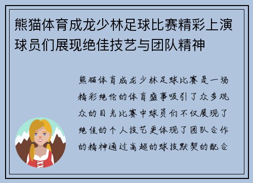 熊猫体育成龙少林足球比赛精彩上演球员们展现绝佳技艺与团队精神