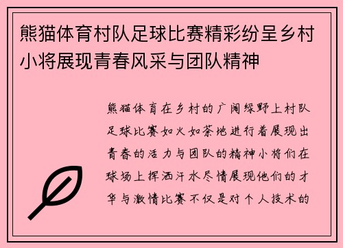 熊猫体育村队足球比赛精彩纷呈乡村小将展现青春风采与团队精神