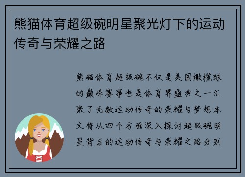 熊猫体育超级碗明星聚光灯下的运动传奇与荣耀之路