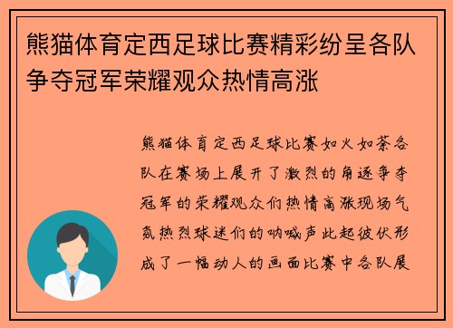 熊猫体育定西足球比赛精彩纷呈各队争夺冠军荣耀观众热情高涨