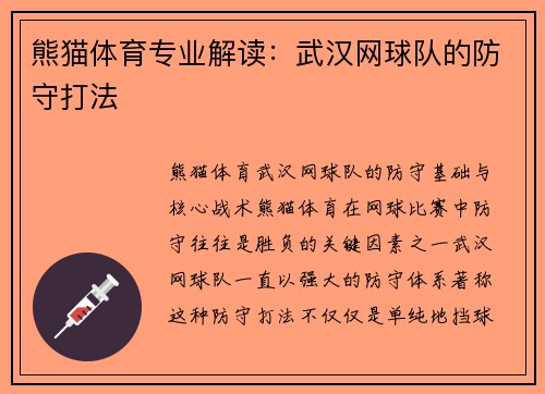 熊猫体育专业解读：武汉网球队的防守打法