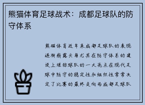 熊猫体育足球战术：成都足球队的防守体系