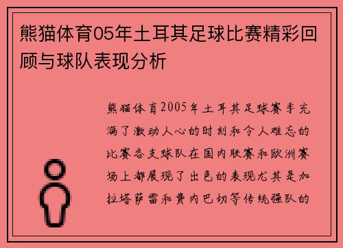 熊猫体育05年土耳其足球比赛精彩回顾与球队表现分析