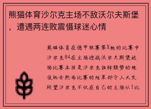 熊猫体育沙尔克主场不敌沃尔夫斯堡，遭遇两连败震慑球迷心情