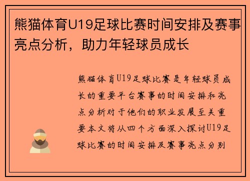 熊猫体育U19足球比赛时间安排及赛事亮点分析，助力年轻球员成长