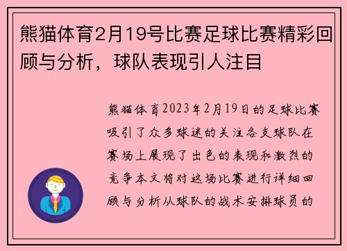 熊猫体育2月19号比赛足球比赛精彩回顾与分析，球队表现引人注目