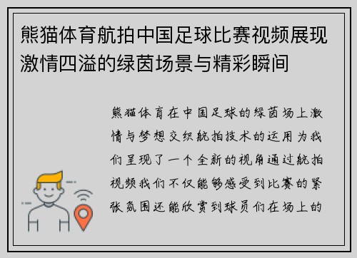 熊猫体育航拍中国足球比赛视频展现激情四溢的绿茵场景与精彩瞬间