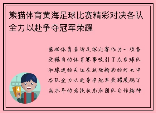熊猫体育黄海足球比赛精彩对决各队全力以赴争夺冠军荣耀